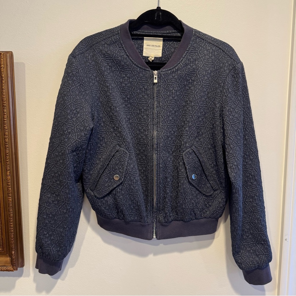 Avec Les Filles Quilted Indigo Navy Bomber Jacket Size Small